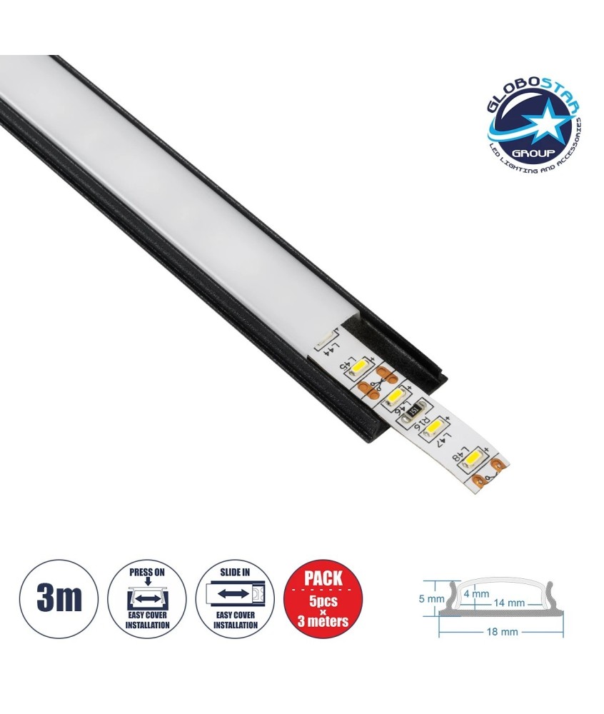 GloboStar® CURVED-PROFILE 70804-3M Προφίλ Αλουμινίου - Βάση & Ψύκτρα Ταινίας LED με Λευκό Γαλακτερό Κάλυμμα - Επιφανειακή Χρήση - Εύκαμπτο με Δυνατότητα Κυρτής Τοποθέτησης - Πατητό Κάλυμμα - Μαύρο - 3 Μέτρα - Πακέτο 5 Τεμαχίων - Μ300 x Π1.8 x Υ0.5cm